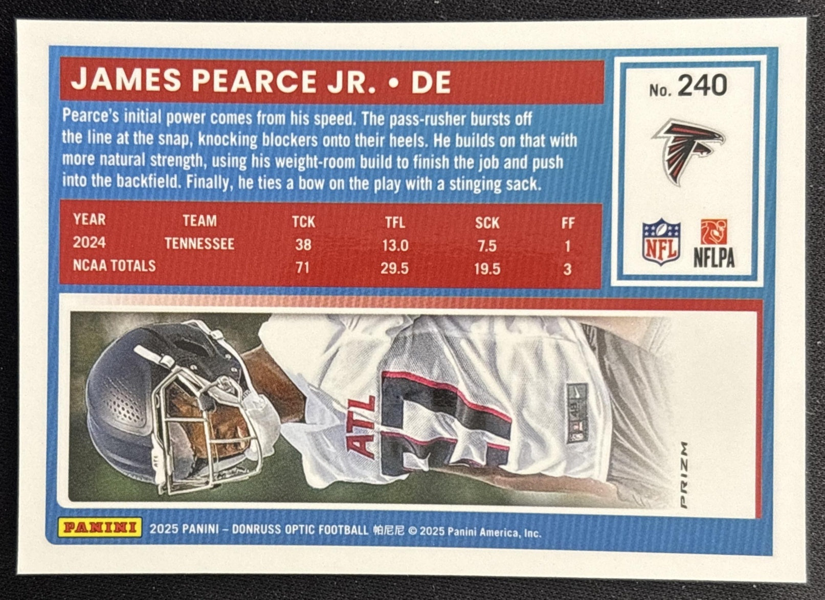 James Pearce Jr. 2025 Donruss Optic Rated Rookie Purple Shock Prizm Falcons back