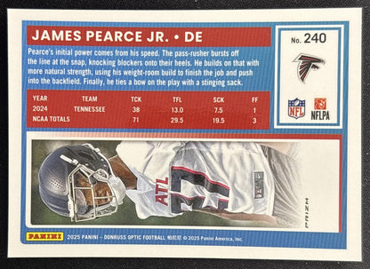 James Pearce Jr. 2025 Donruss Optic Rated Rookie Purple Shock Prizm Falcons back