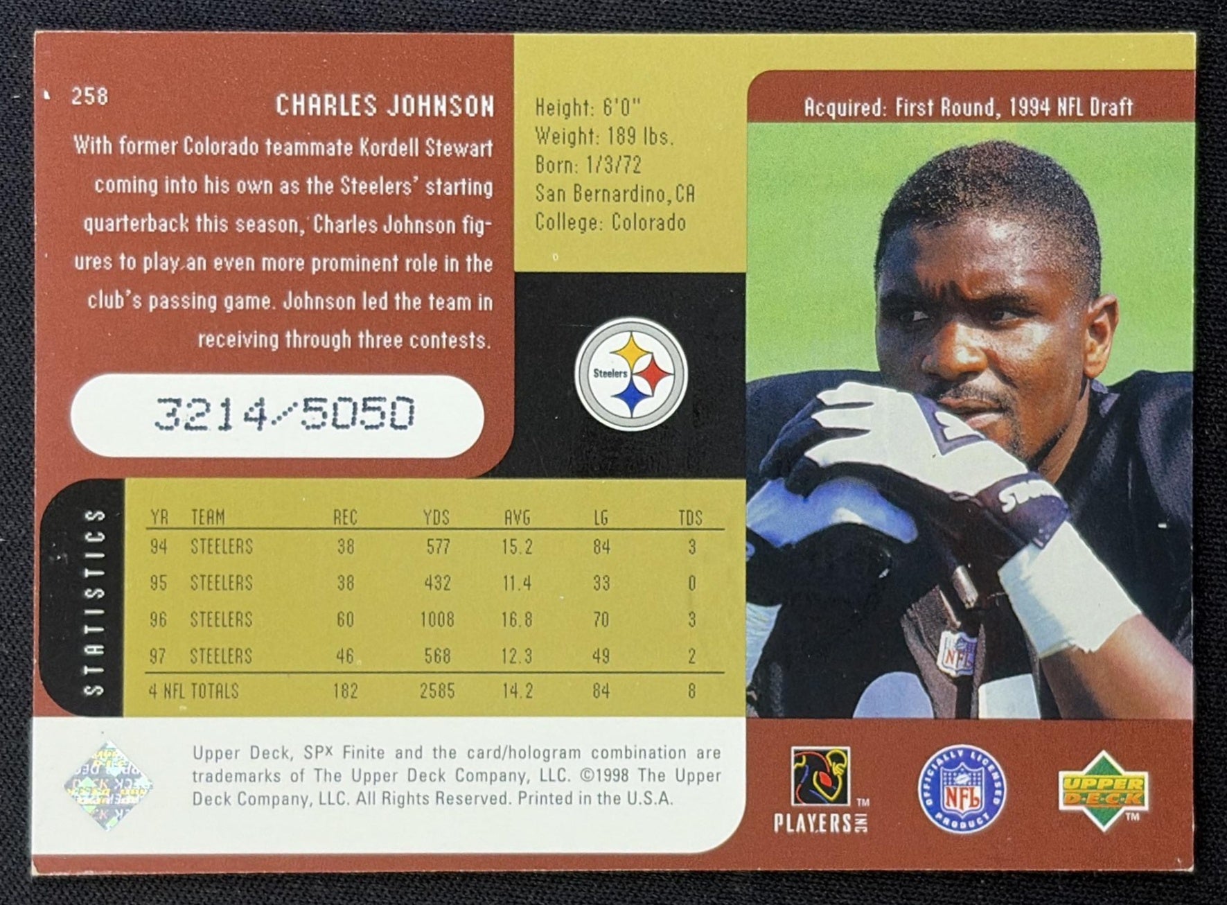 Charles Johnson 1998 SPx Finite Radiance /5050 Steelers