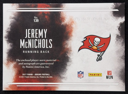 Back of Jeremy McNichols 2017 Panini Origins Rookie Patch Auto Buccaneers sports trading card