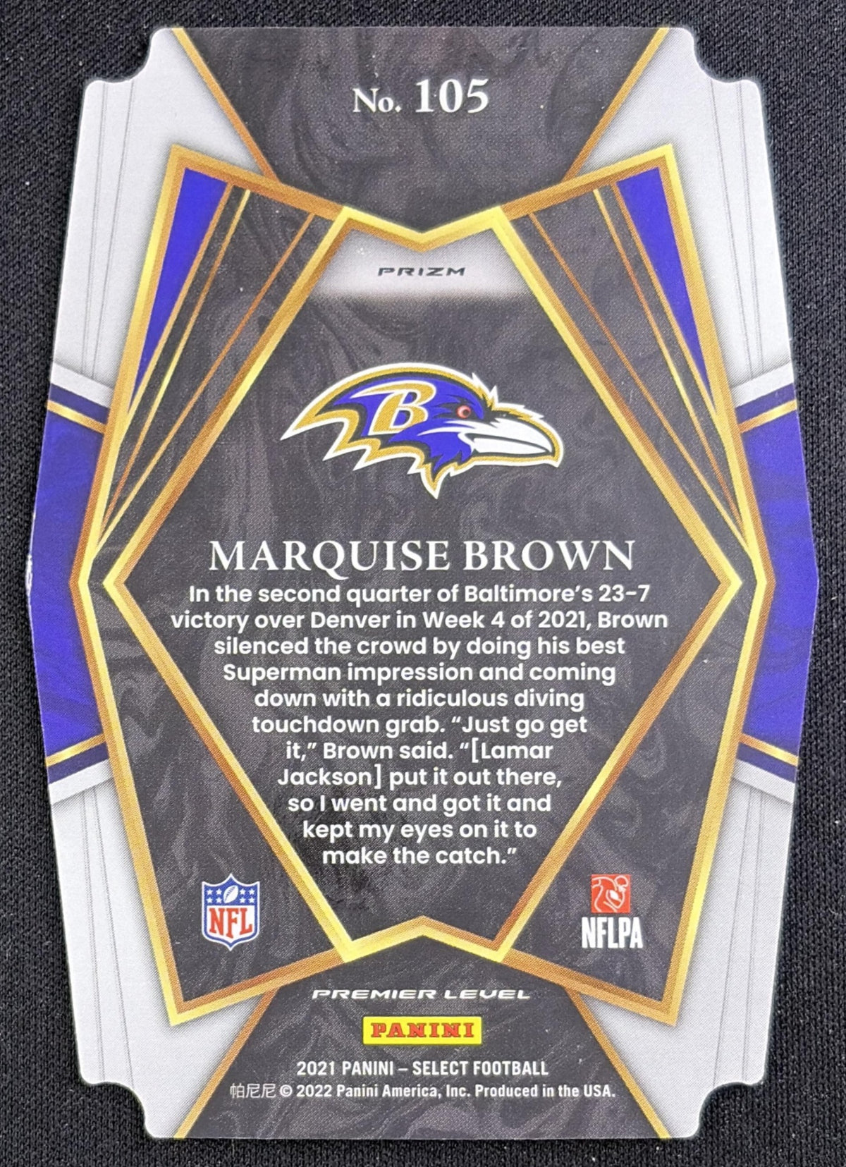 Marquise Brown 2021 Panini Select Black and Gold Prizm Die Cut Ravens - Back