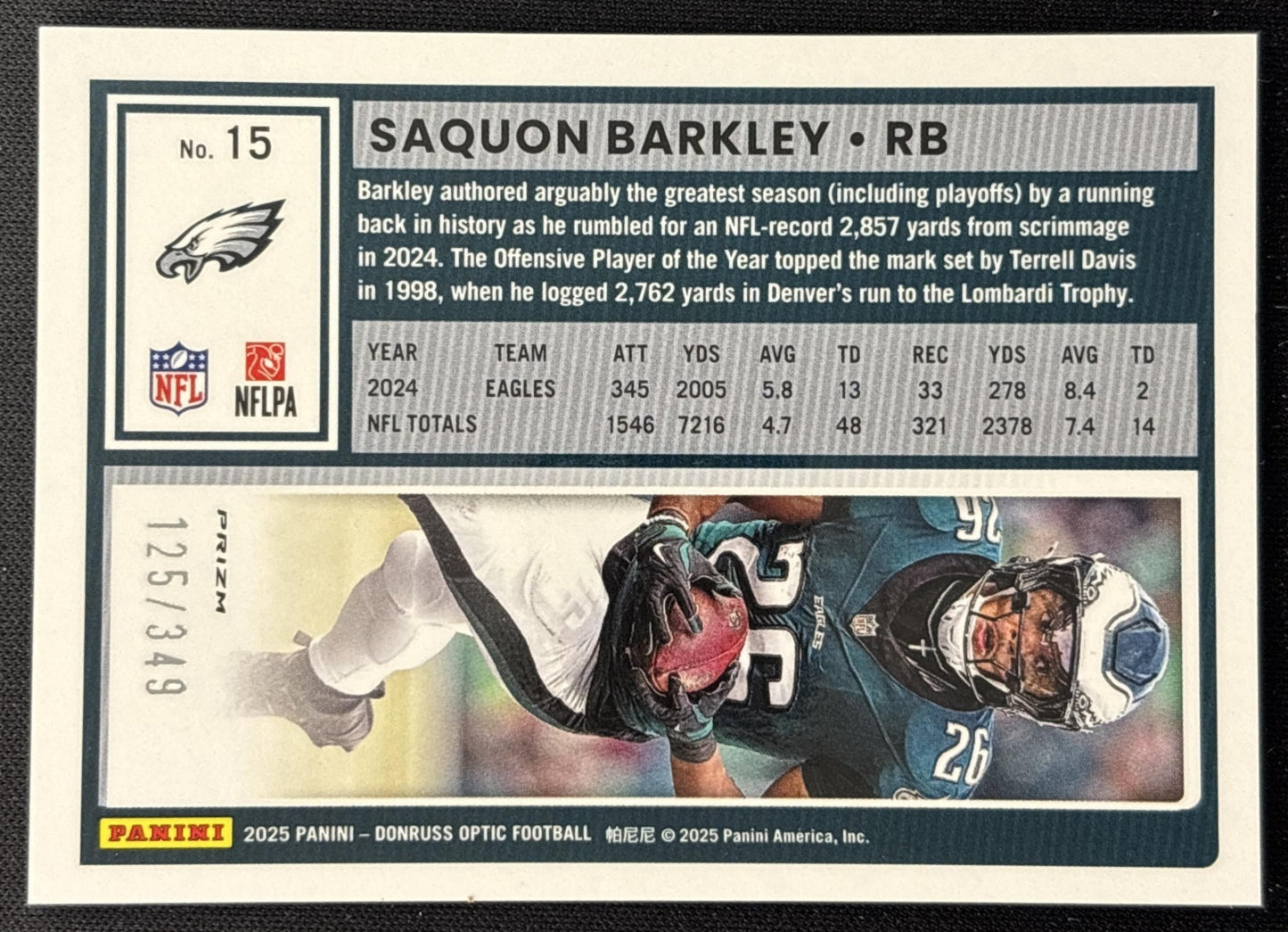 Saquon Barkley 2025 Panini Donruss Optic Aqua Prizm /349 Eagles