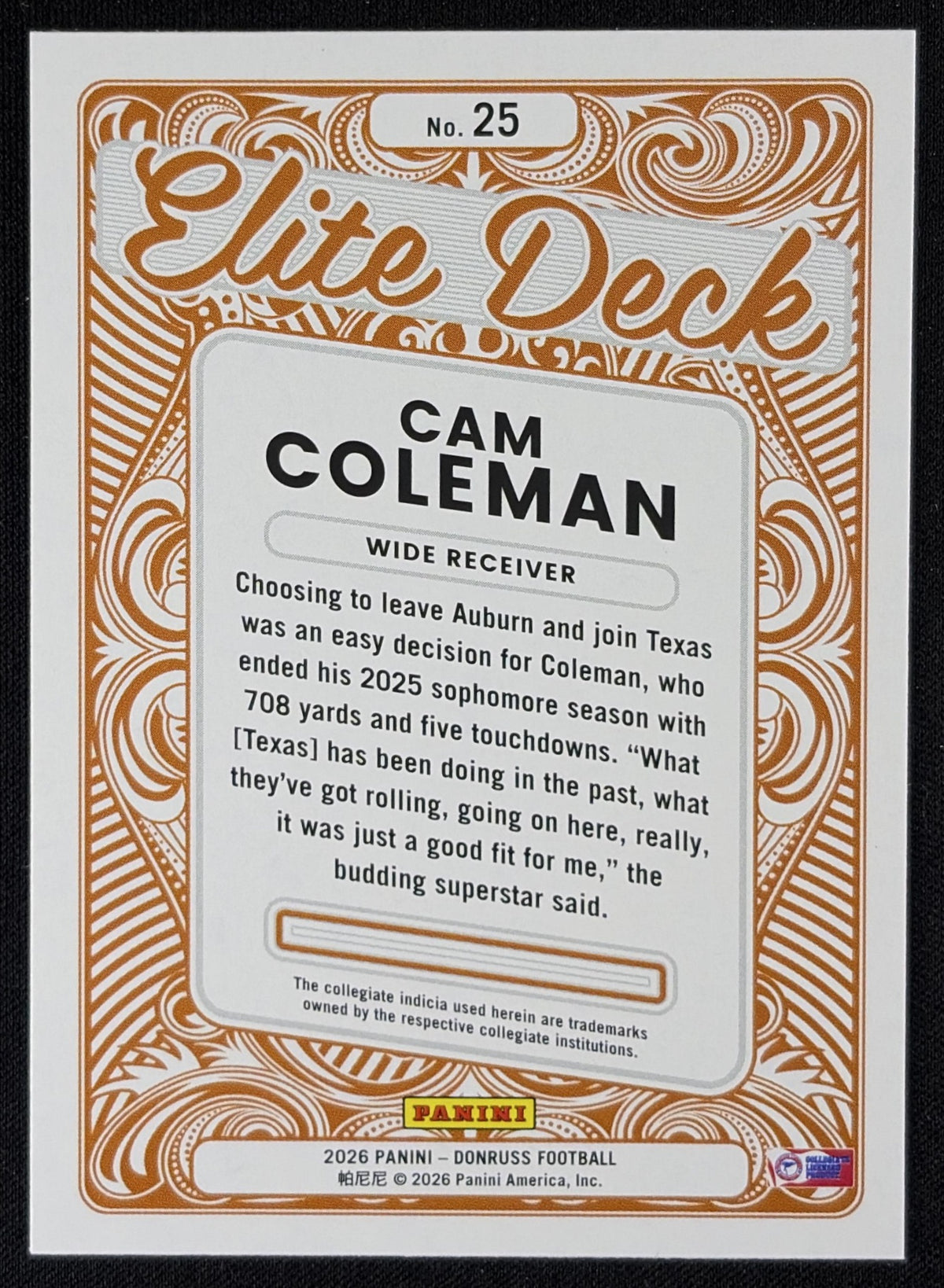 Cam Coleman 2026 Panini Donruss Elite Deck Longhorns