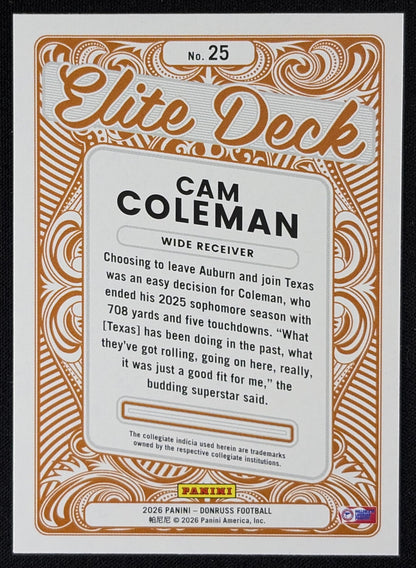 Cam Coleman 2026 Panini Donruss Elite Deck Longhorns