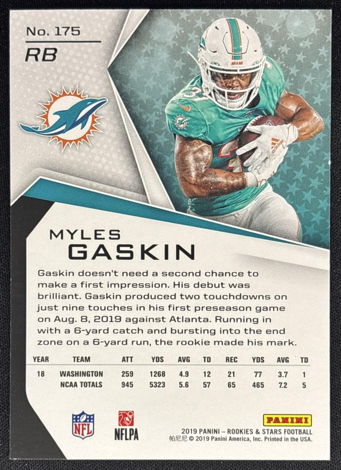 Myles Gaskin 2019 Panini Rookies & Stars True Blue /49 Dolphins Back