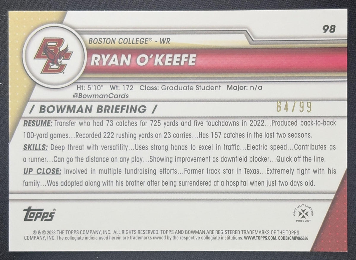 Ryan O'Keefe 2023 Bowman University Chrome Green Refractor /99 Eagles Sports Trading Card