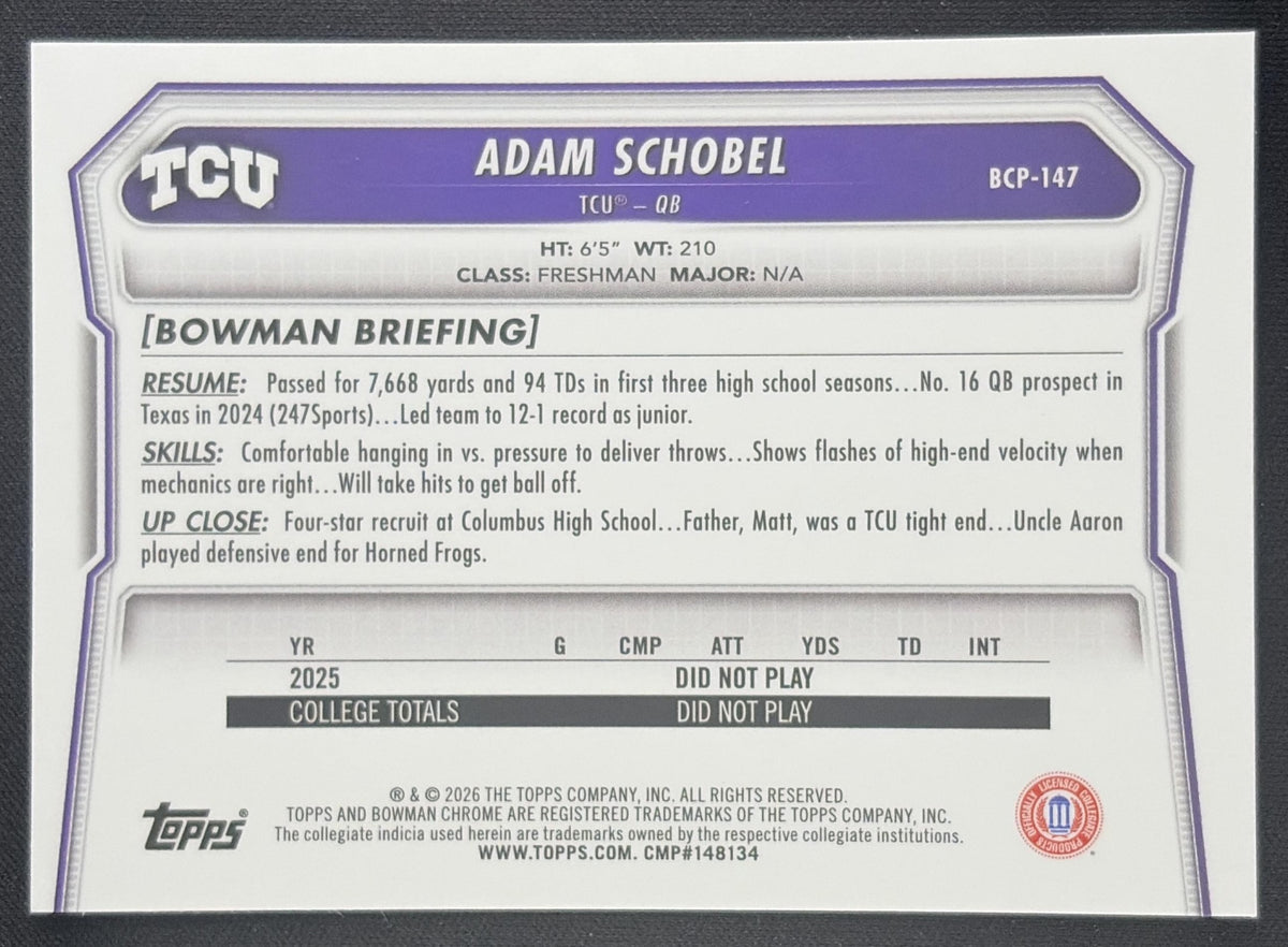 Adam Schobel 2026 Bowman Chrome Prospects Mojo Refractor Horned Frogs
