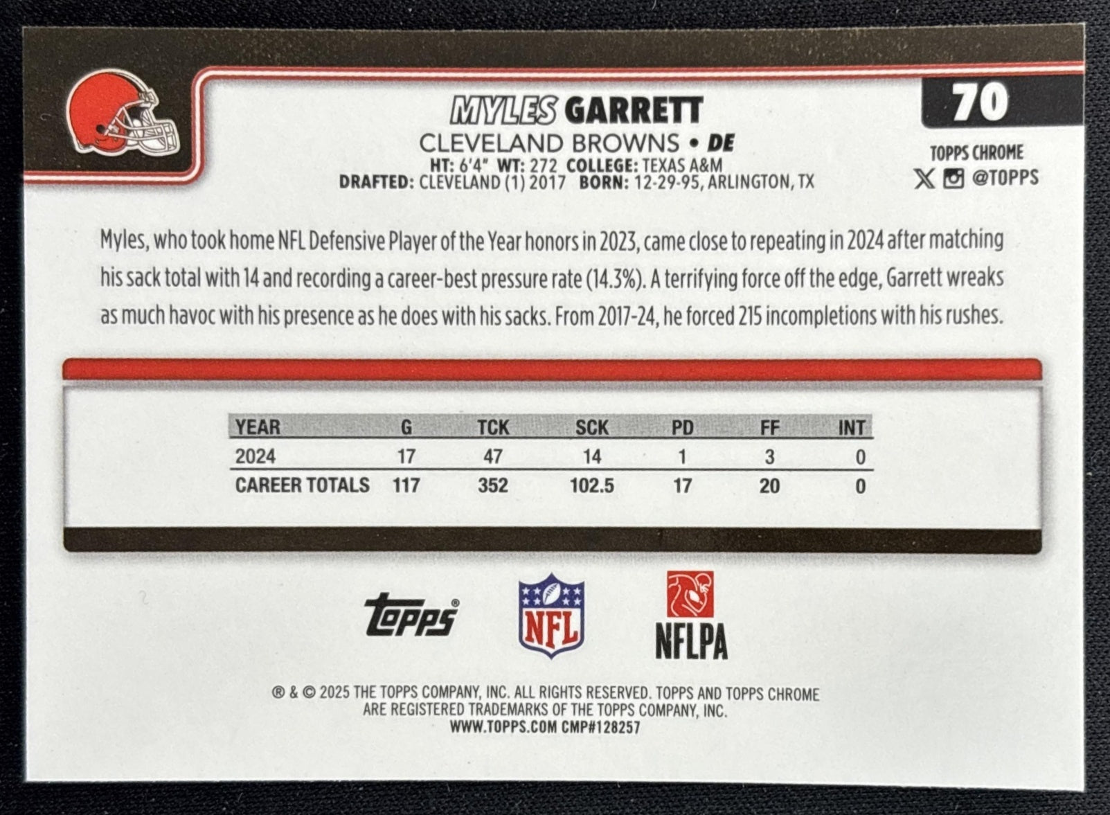 Myles Garrett 2025 Topps Chrome Hot Pink X-Fractor Browns back