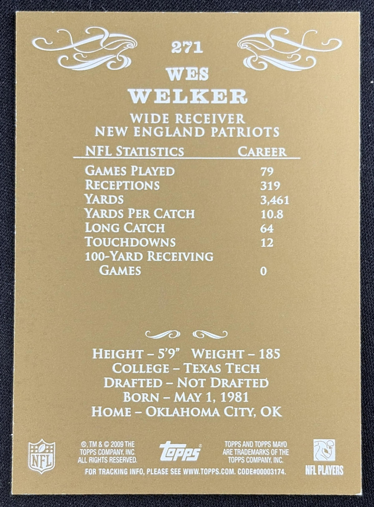 Wes Welker 2009 Topps Mayo Patriots Sports Trading Card
