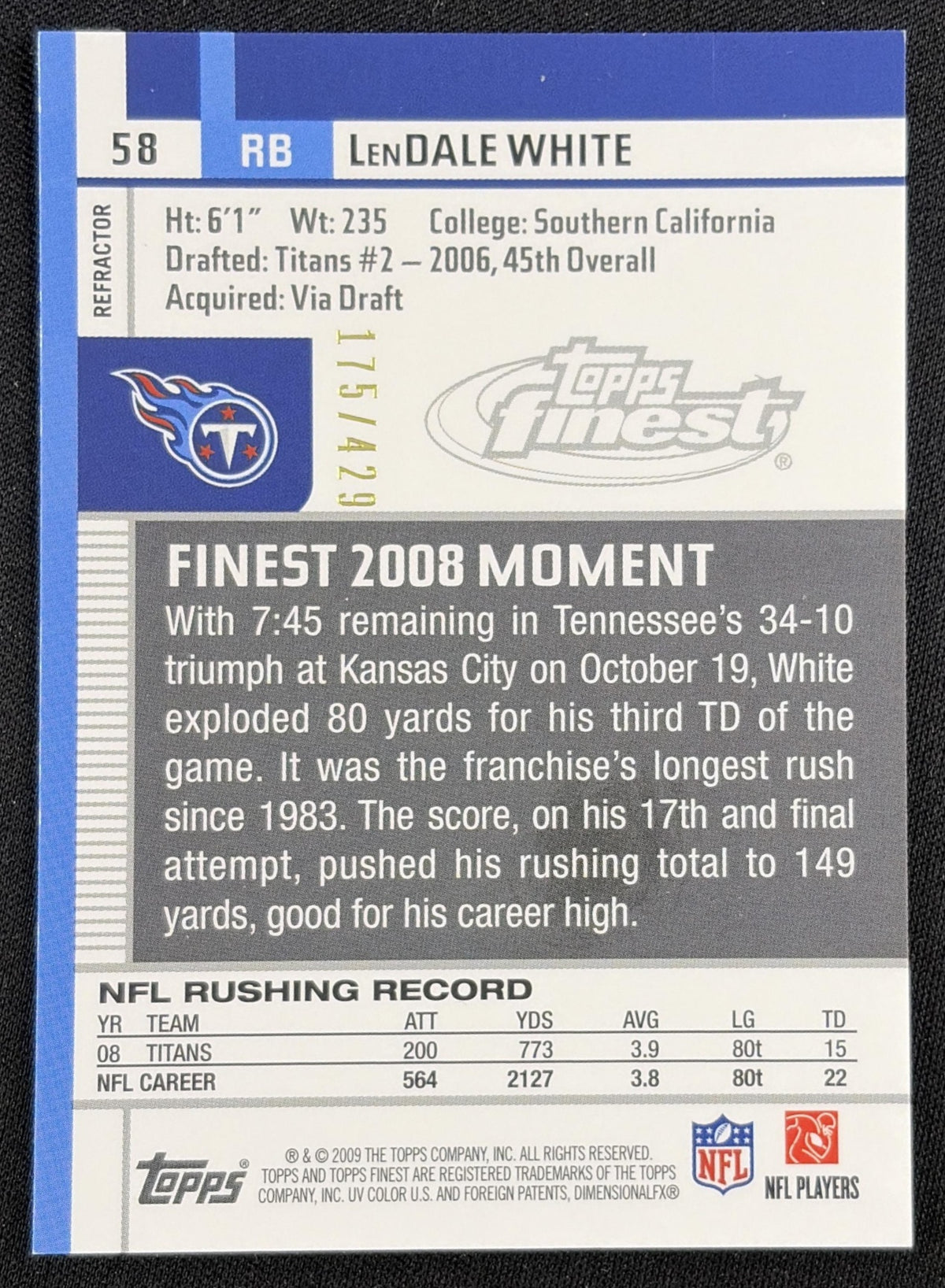 LenDale White 2009 Topps Finest Blue Refractor /429 Titans
