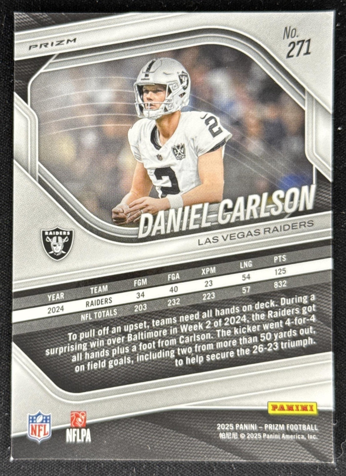 Daniel Carlson 2025 Panini Prizm Red White & Blue Raiders Las Vegas Raiders Sports Trading Card
