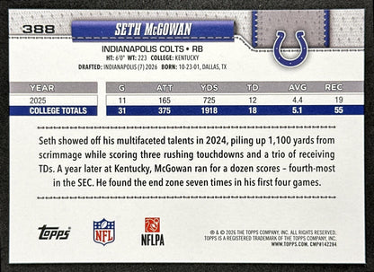 Seth McGowan 2026 Topps Flagship Rookie Colts Sports Trading Cards
