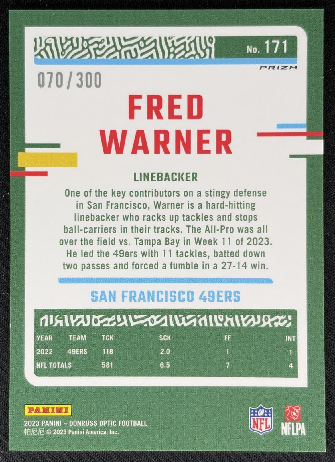 Fred Warner 2023 Panini Donruss Optic Wave Prizm /300 49ers back