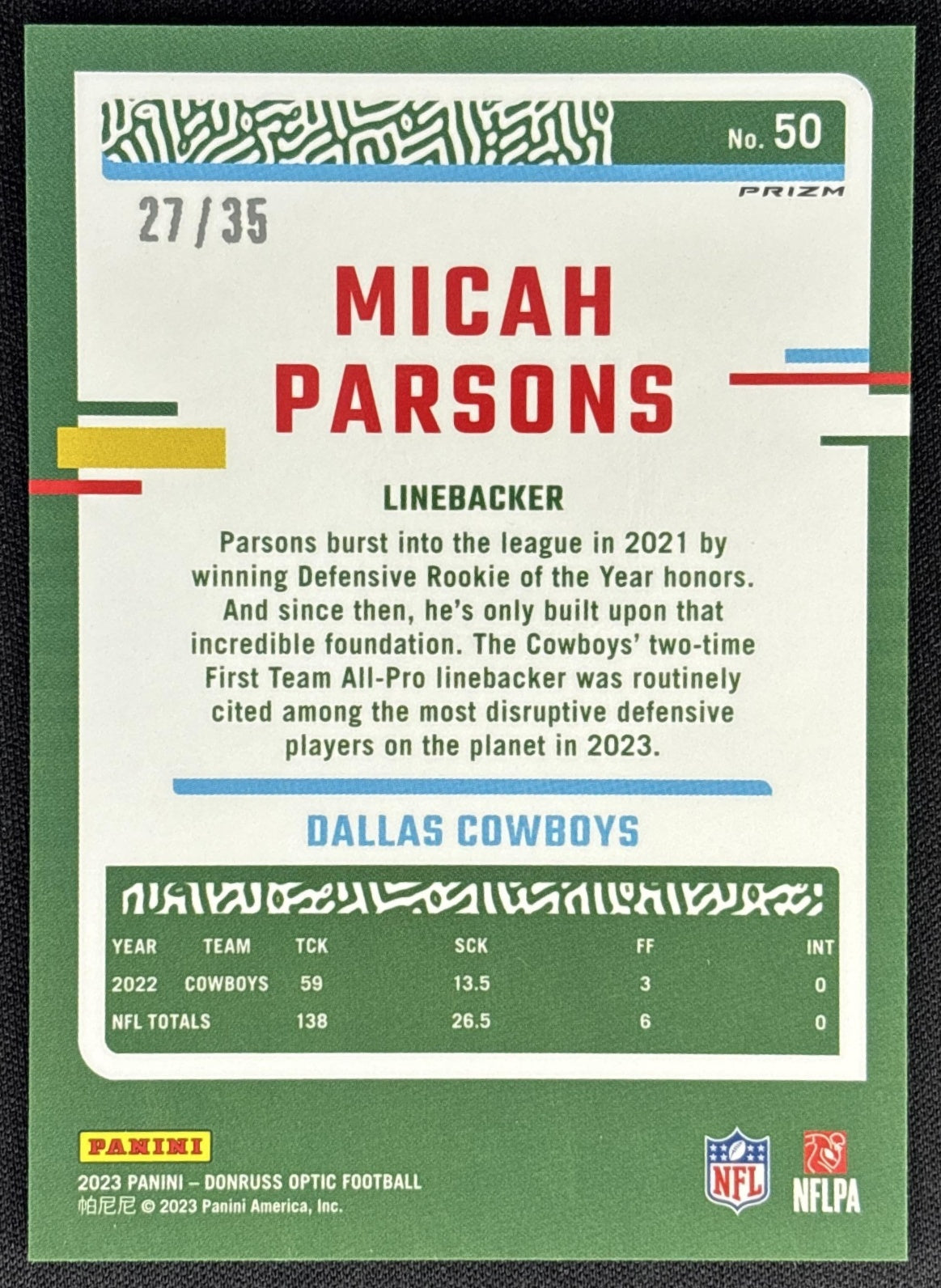 Micah Parsons 2023 Panini Donruss Optic Bronze Mojo Prizm /35 Cowboys Dallas Cowboys