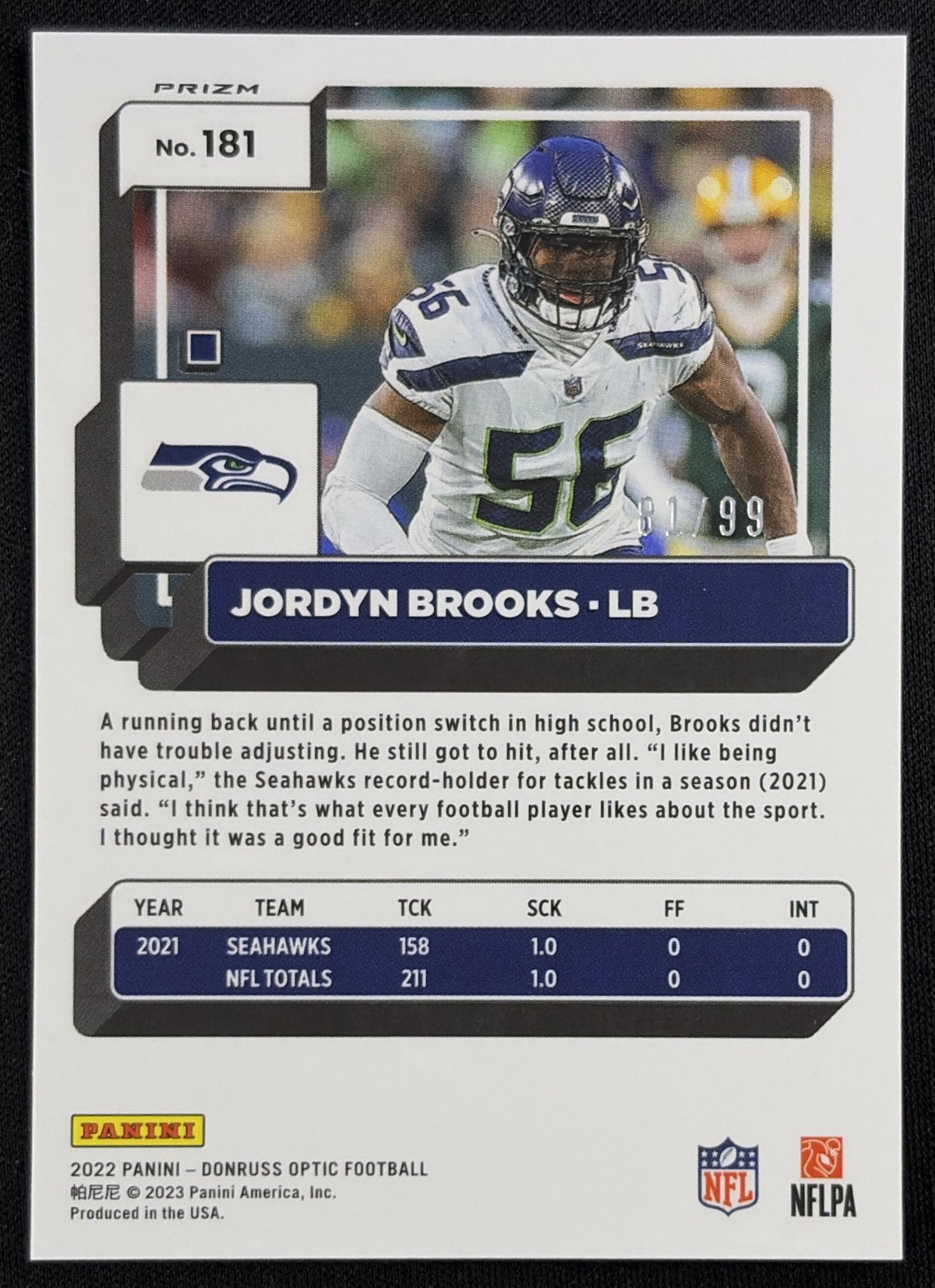 Jordyn Brooks 2022 Panini Donruss Optic Red /99 Seahawks