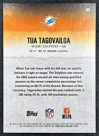 Tua Tagovailoa 2025 Topps Signature Class Veteran Blue & Yellow Foil Dolphins back sports trading card