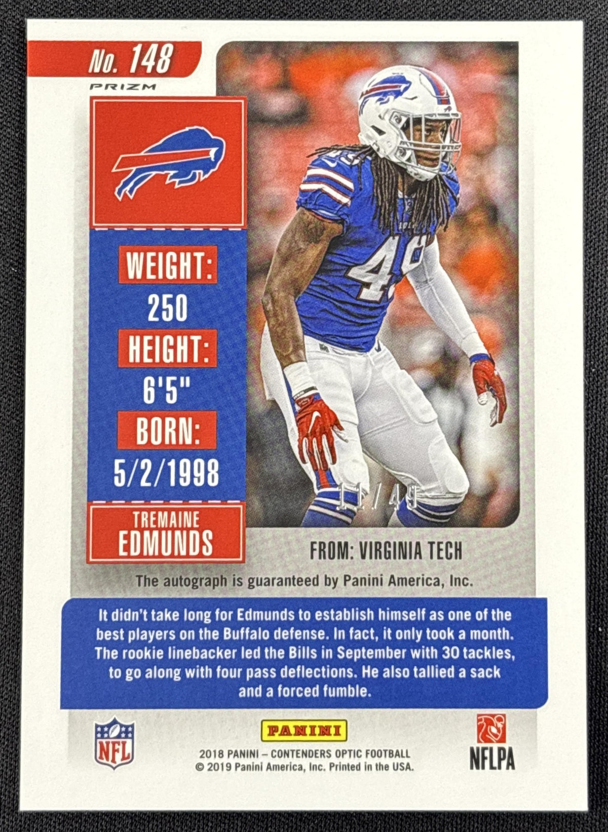 Tremaine Edmunds 2018 Panini Contenders Optic Orange /49 Bills