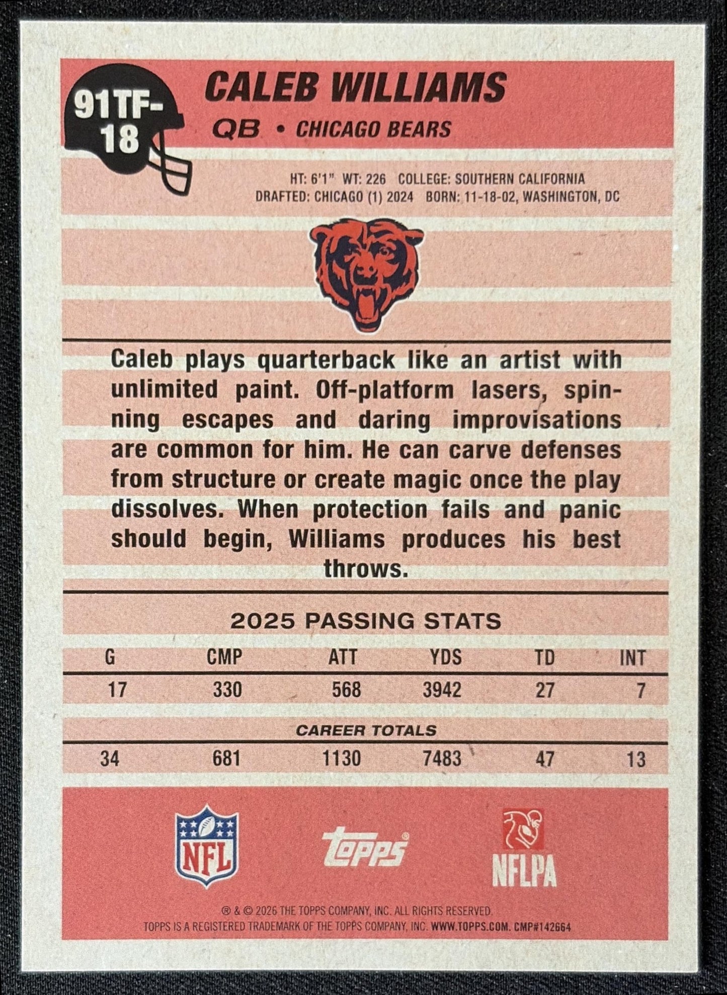 Caleb Williams 2026 Topps 1991 Bears back