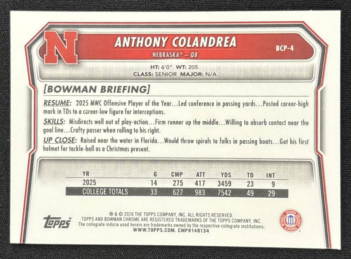Anthony Colandrea 2026 Bowman Chrome Prospects Fuschia Refractor /299 Cornhuskers Sports Trading Card