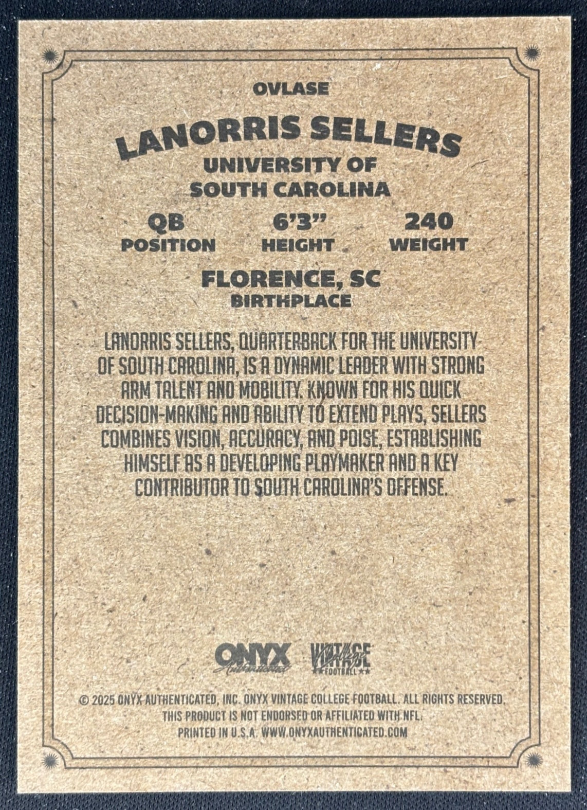 LaNorris Sellers 2025 Onyx Vintage Sports Trading Cards