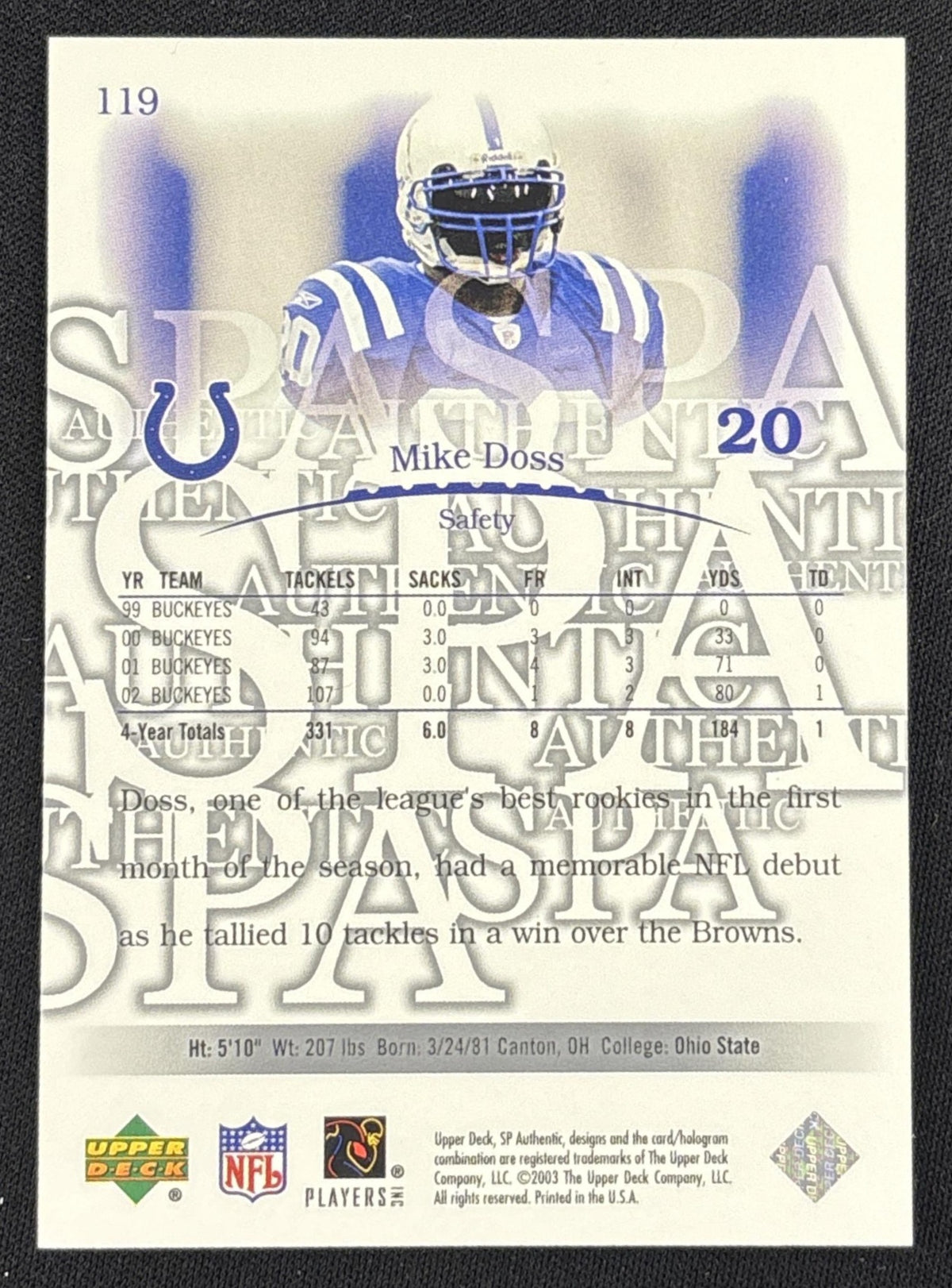 Mike Doss 2003 SP Authentic /2200 Colts