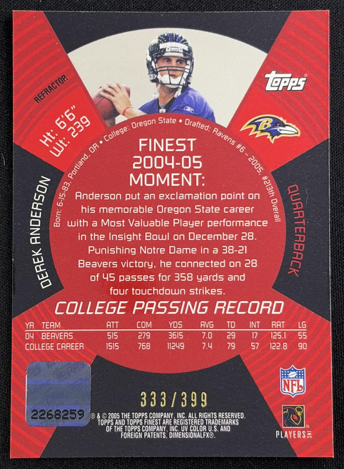 Derek Anderson 2005 Topps Finest Refractors Auto /399 Texans Ravens sports trading card back