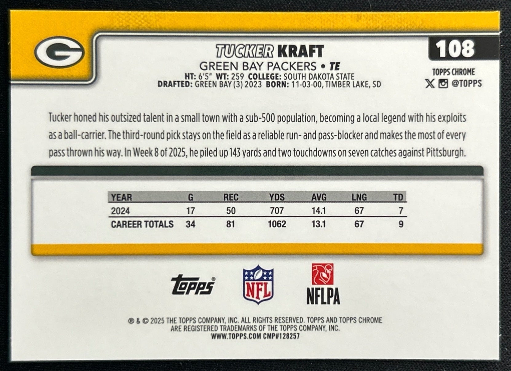 Tucker Kraft 2025 Topps Chrome Packers Sports Trading Cards