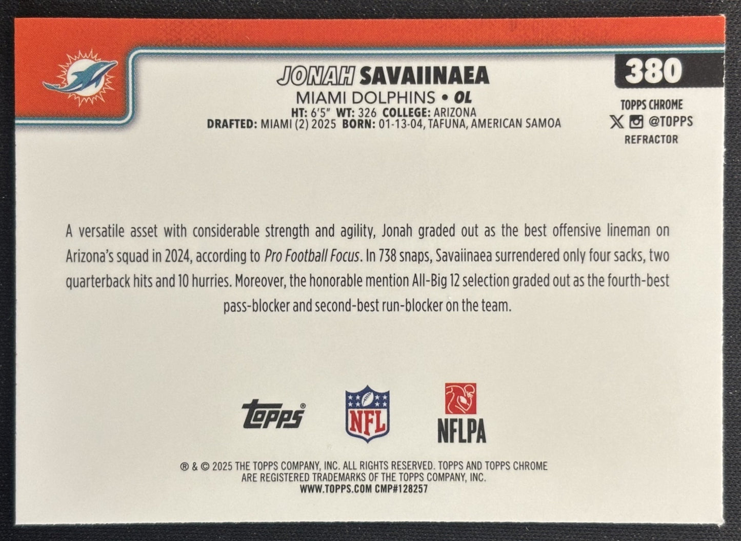 Jonah Savaiinaea 2025 Topps Chrome Rookie Refractor Dolphins Sports Trading Cards