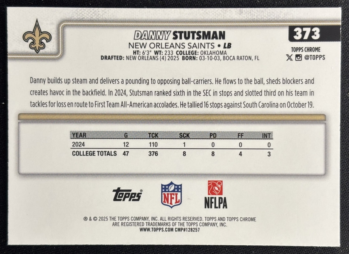 Danny Stutsman 2025 Topps Chrome Rookie Football Leather Refractor Saints Sports Trading Cards