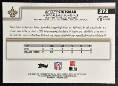 Danny Stutsman 2025 Topps Chrome Rookie Football Leather Refractor Saints Sports Trading Cards