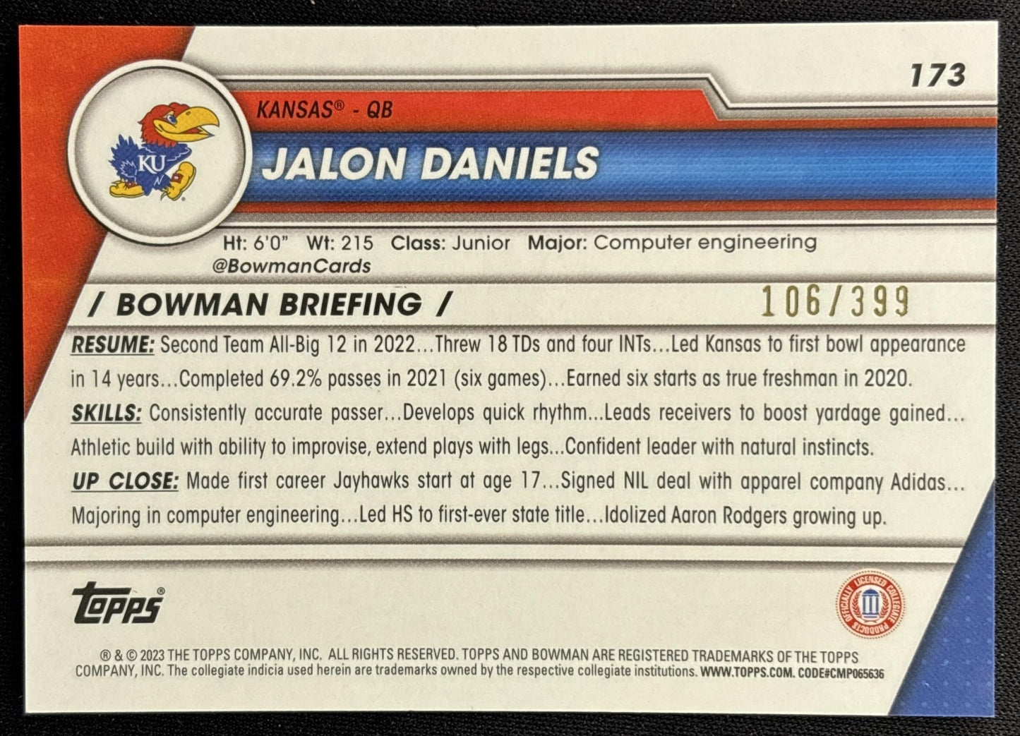Jalon Daniels 2023 University Chrome Purple Mini Diamond Refractor /399 Jayhawks back