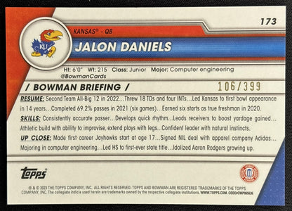 Jalon Daniels 2023 University Chrome Purple Mini Diamond Refractor /399 Jayhawks back
