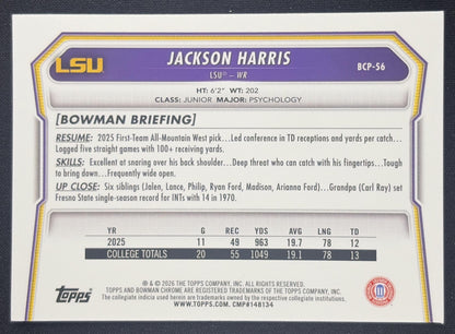 Jackson Harris 2026 Bowman Chrome Prospects Speckle Refractor Tigers