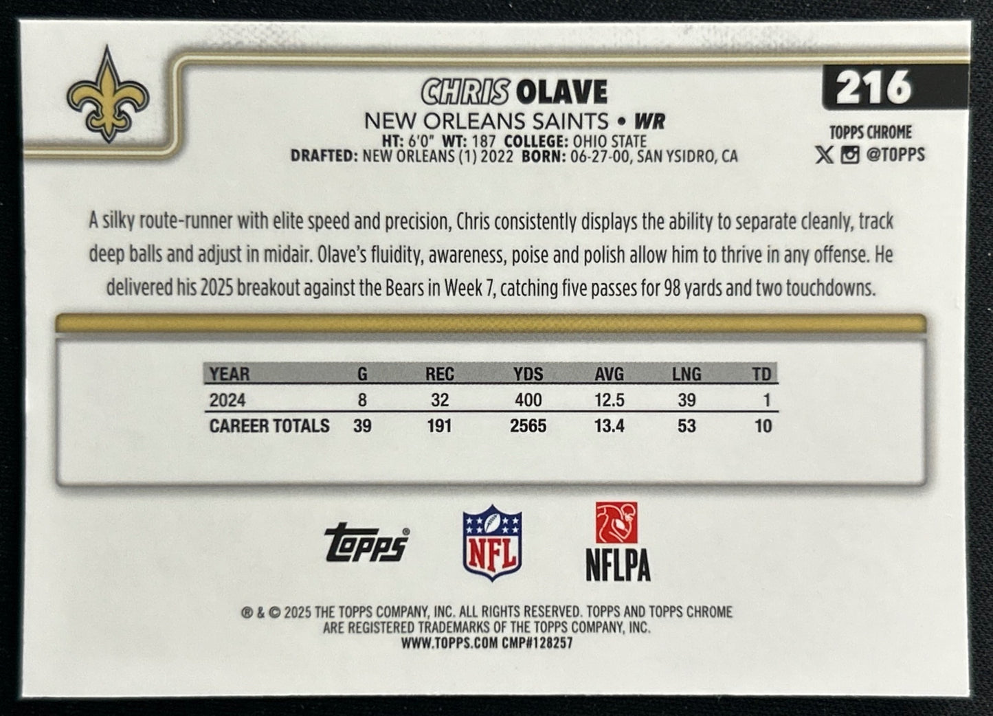 Chris Olave 2025 Topps Chrome Saints Sports Trading Cards