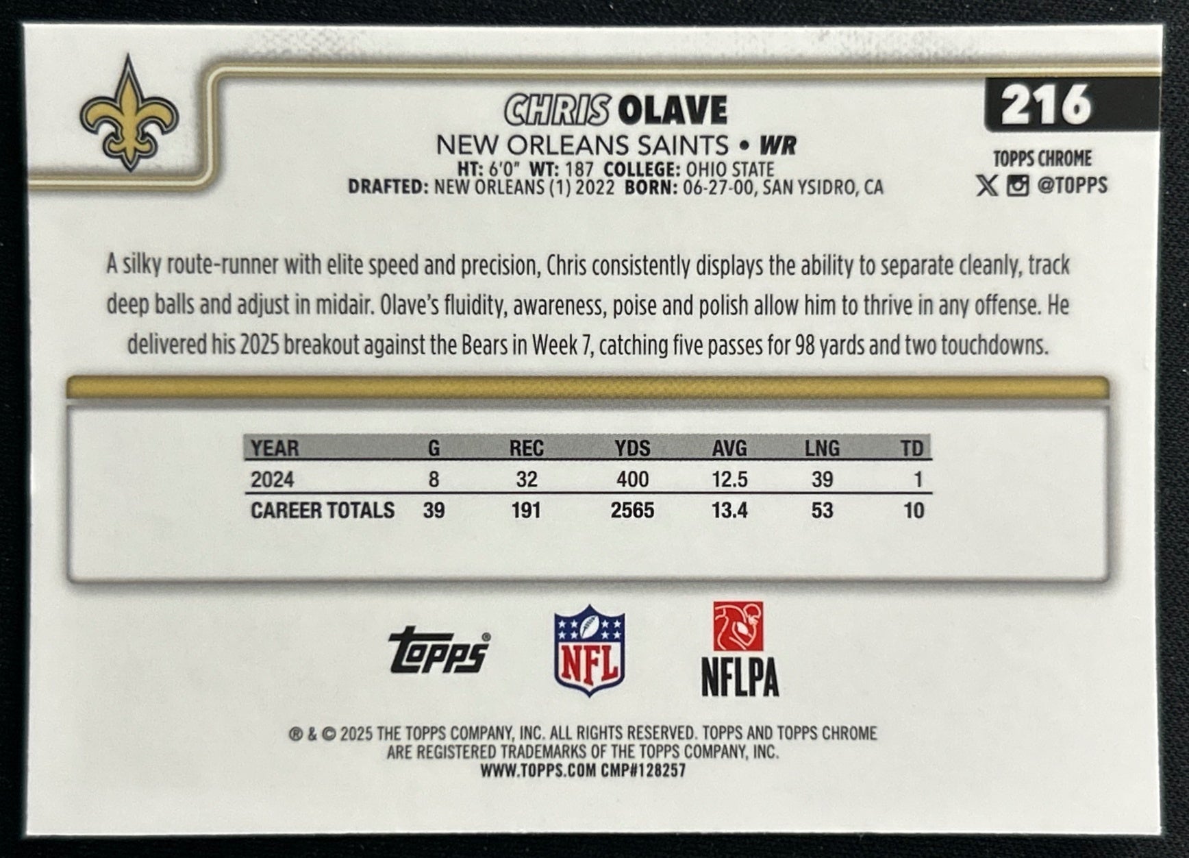 Chris Olave 2025 Topps Chrome Saints Sports Trading Cards