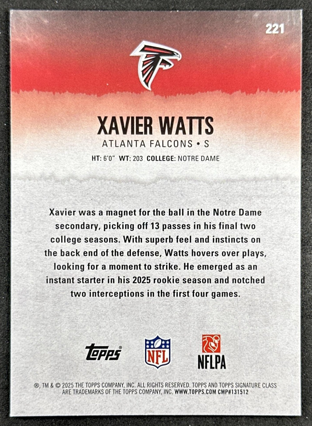 Xavier Watts 2025 Topps Signature Class Rookie Falcons