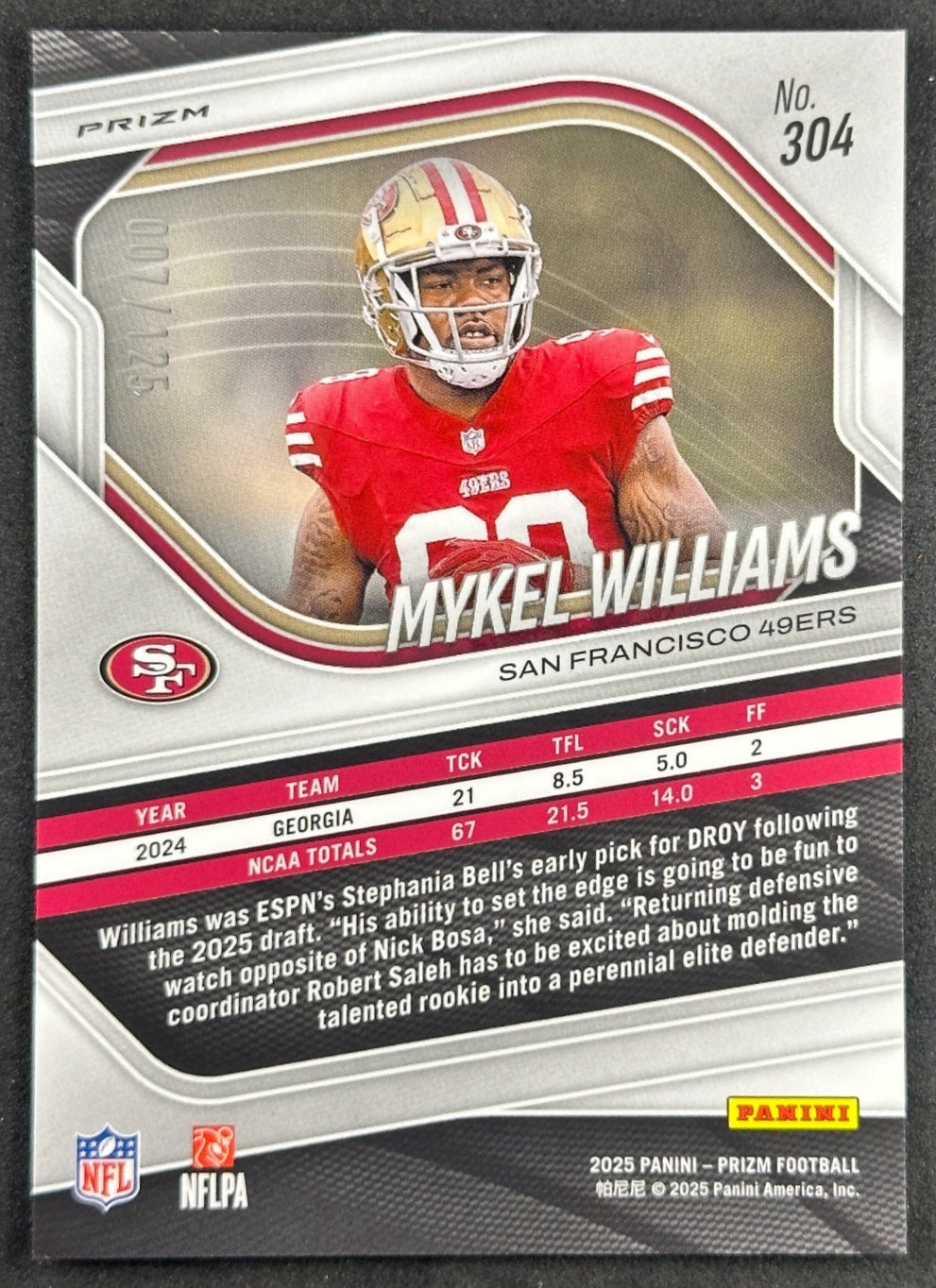 Mykel Williams 2025 Panini Prizm No Huddle Blue /125 49ers Sports Trading Cards