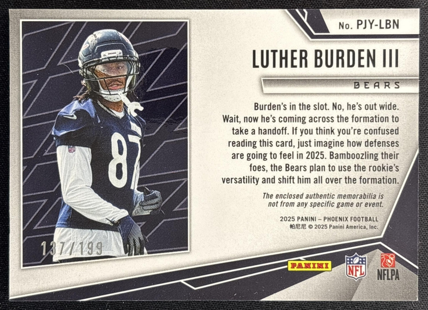 Luther Burden III 2025 Panini Phoenix Rookie Phenom Jersey Blue Prizm /199 Bears back