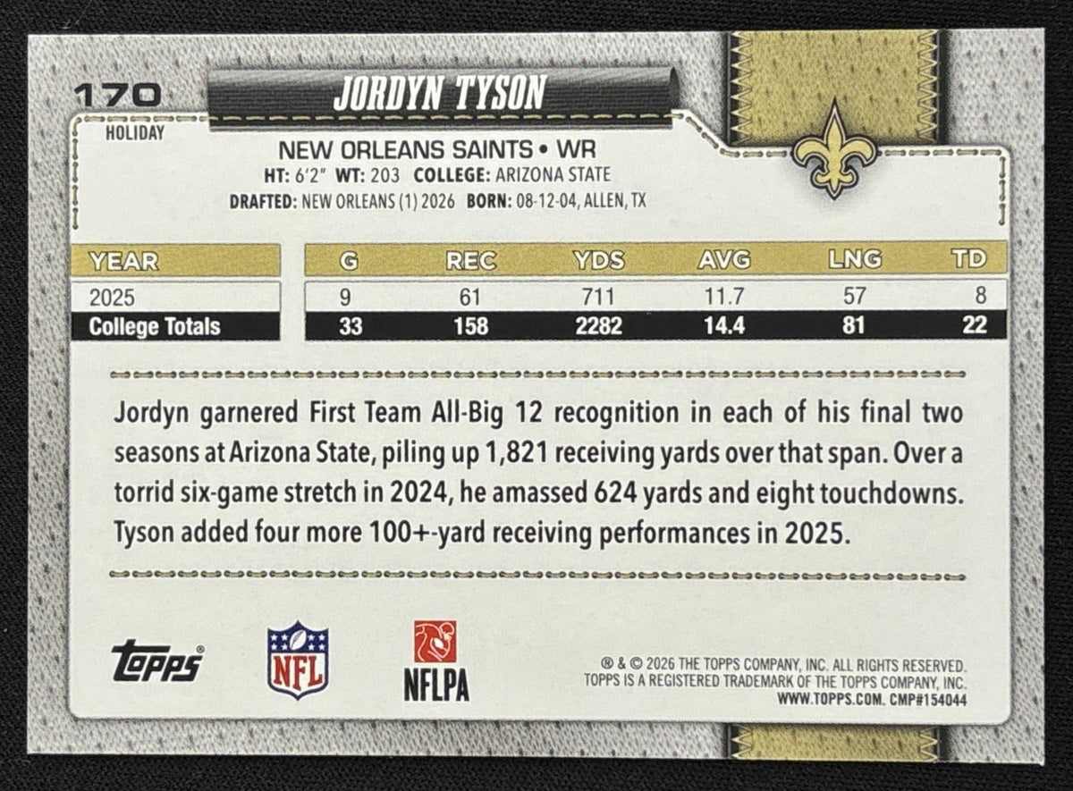 Jordyn Tyson 2026 Topps Holiday Light Blue and White Glitter Saints