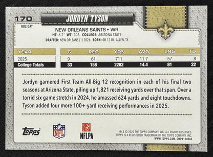 Jordyn Tyson 2026 Topps Holiday Light Blue and White Glitter Saints