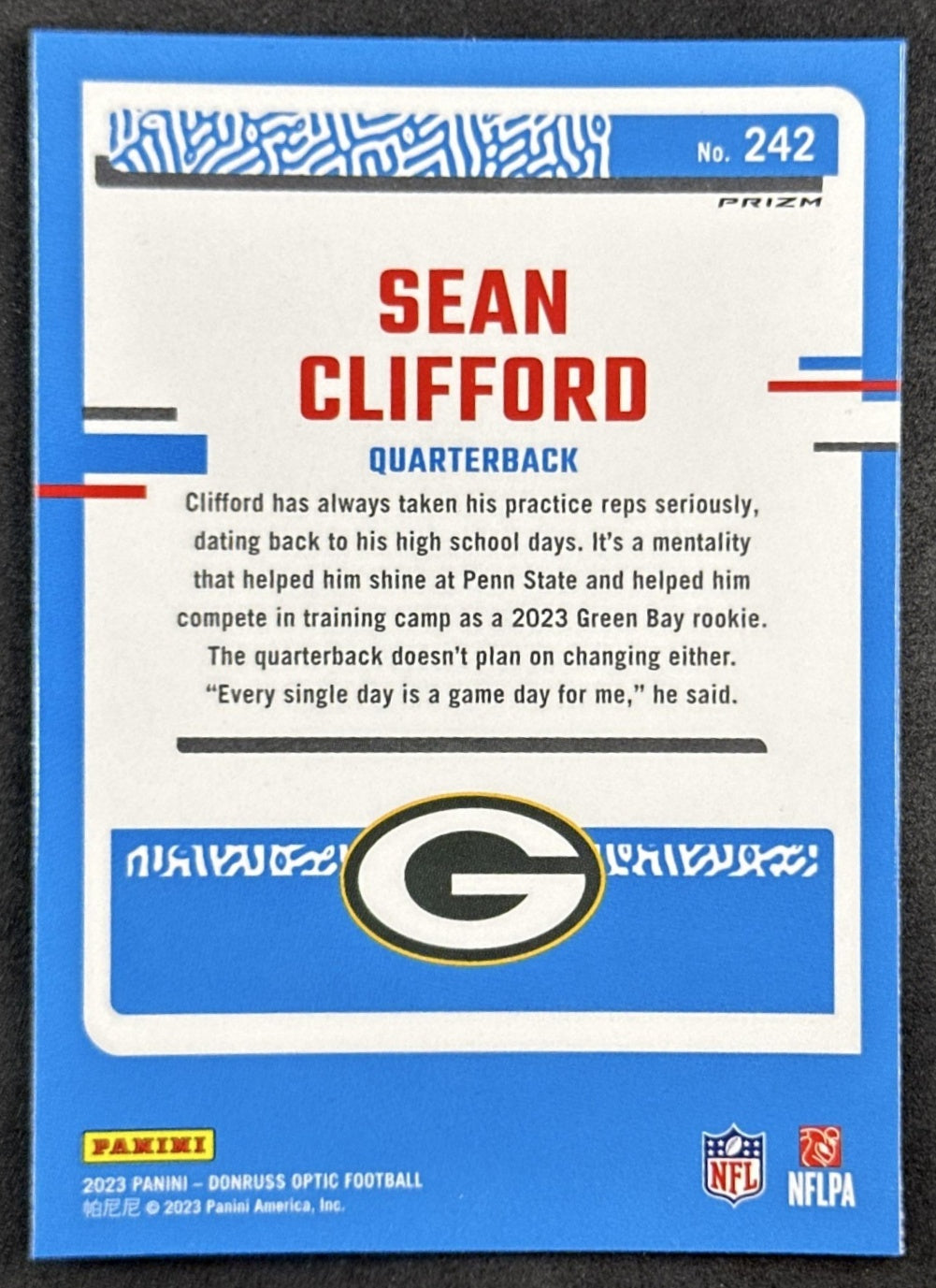 Sean Clifford 2023 Panini Donruss Optic Blue Scope Prizm Packers Back