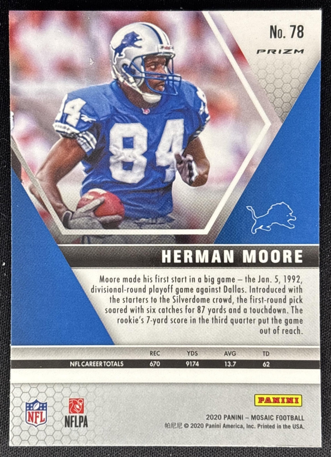Herman Moore 2020 Panini Mosaic Prizm Camo Pink Lions Sports Trading Cards