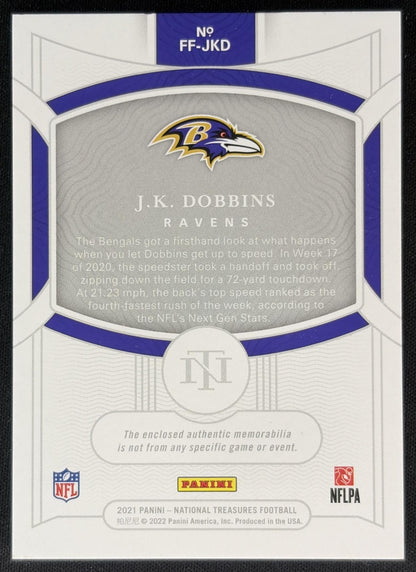 J.K. Dobbins 2021 Panini National Treasures Framed Fabric /99 Ravens Back
