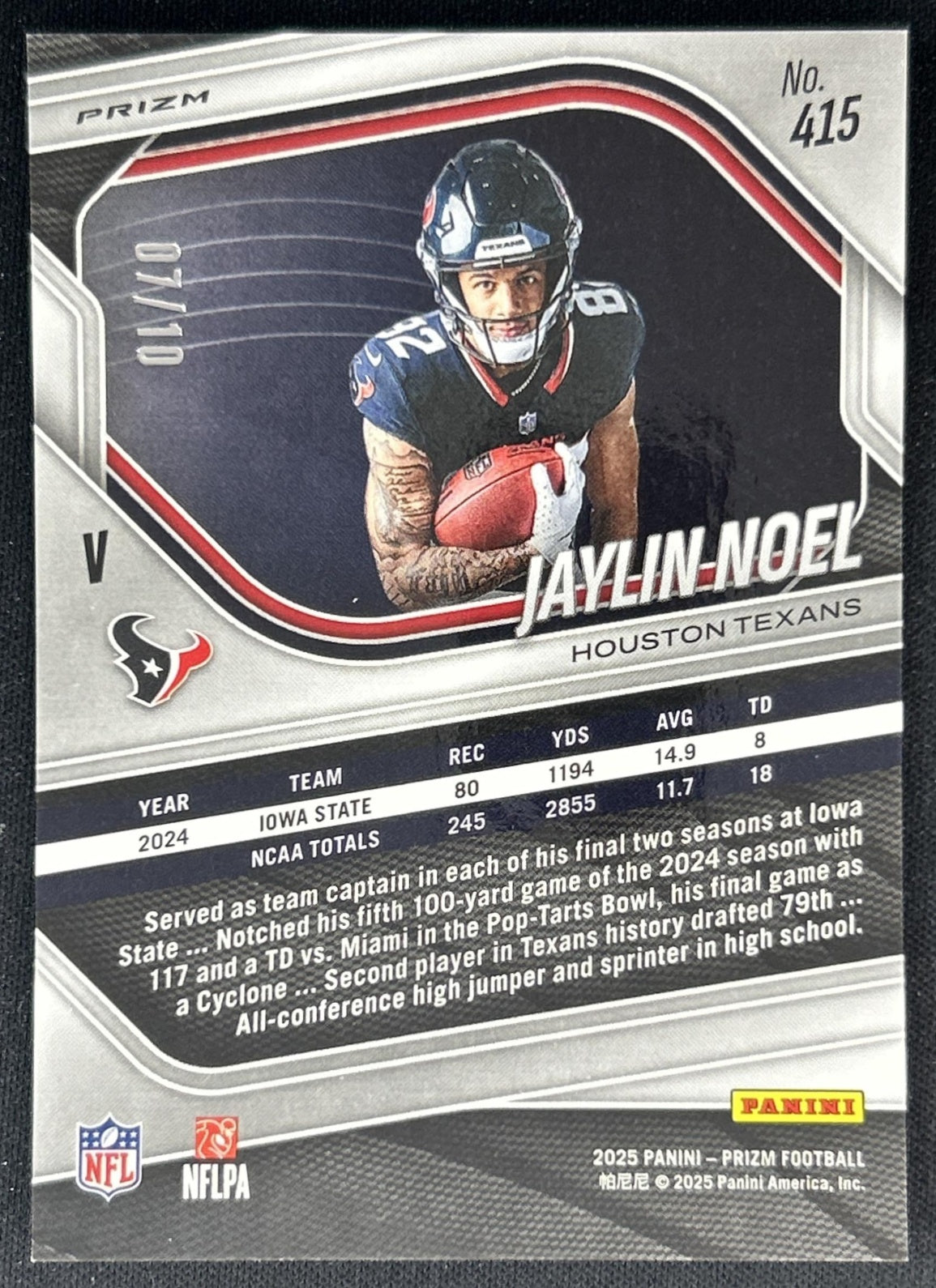 Jaylin Noel 2025 Panini Prizm Rookie Variations Gold /10 Texans back
