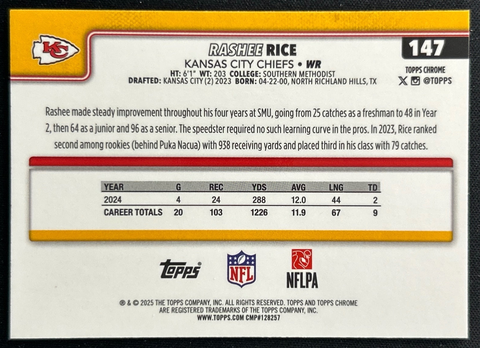 Rashee Rice 2025 Topps Chrome Chiefs Sports Trading Cards