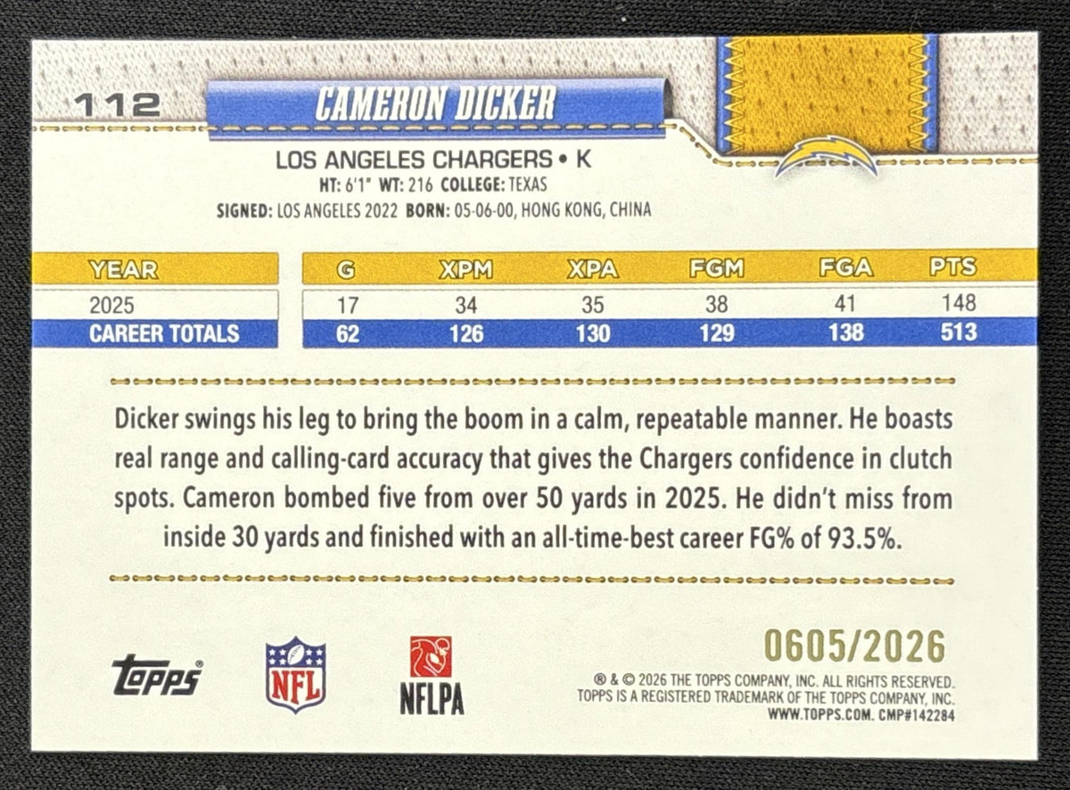 Cameron Dicker 2026 Topps Gold /2026 Chargers
