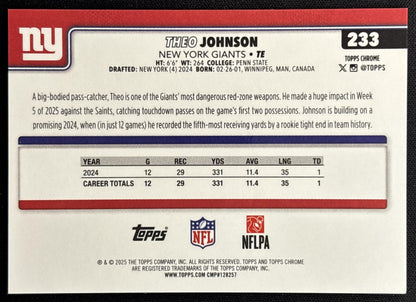 Theo Johnson 2025 Topps Chrome Yellow Wave Refractor /275 Giants Sports Trading Card