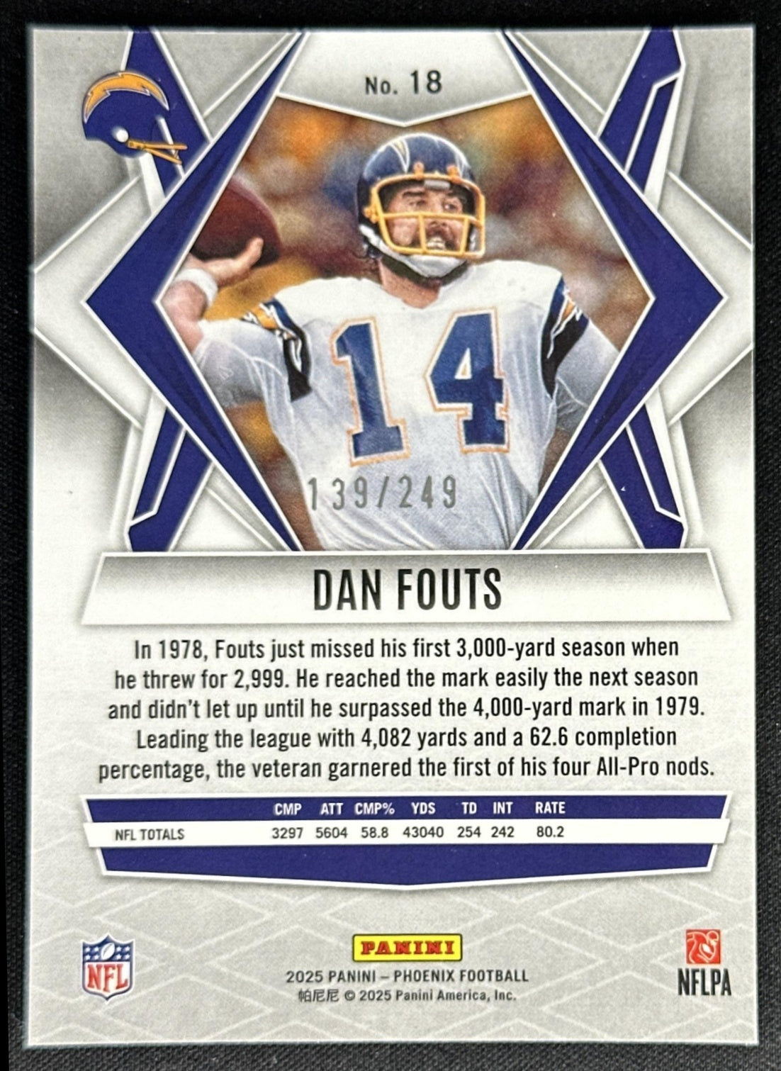 Dan Fouts 2025 Panini Phoenix Purple Winter Prizm /249 Chargers