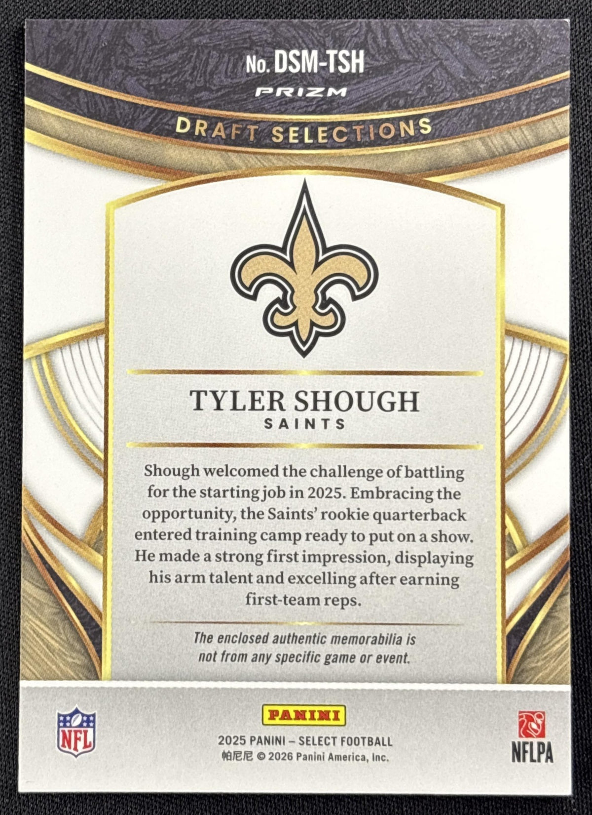 Tyler Shough 2025 Panini Select Draft Selections Memorabilia Blue Prizm Saints
