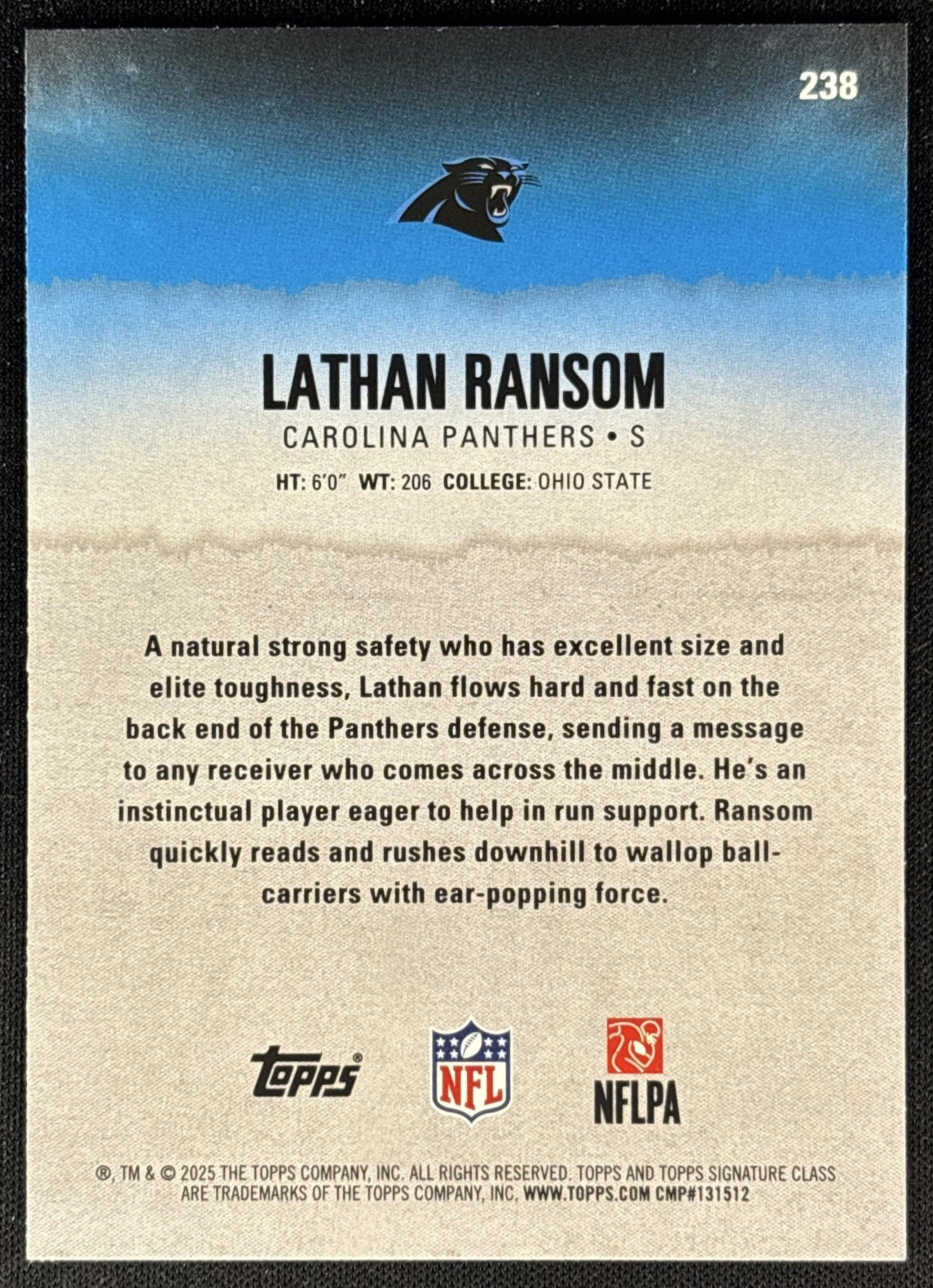 Lathan Ransom 2025 Topps Signature Class Rookie Blue & Yellow Foil Panthers - Back